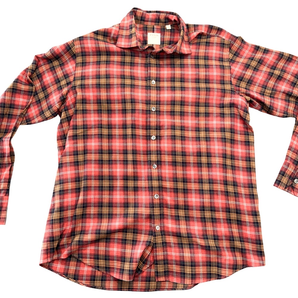 Thomas Pink Shirtmaker London Mens XL Plaid Button Down Shirt Red Navy Long Slee